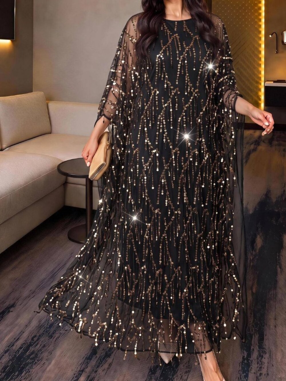 Black Preppy Women's Beaded Sheer Long Dress